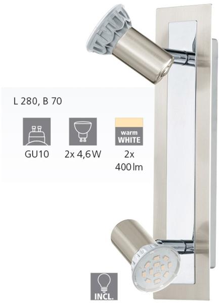 Eglo 90915 Spot LED ROTTELO Stahl nickel-matt chrom GU10 max. 2X4,6W L:28cm B:7cm