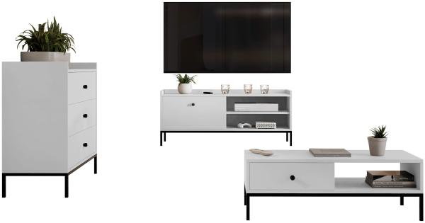 Wohnzimmer-Set Tokirot II Kommode, Couchtisch, TV-Lowboard (Farbe: Weiß)