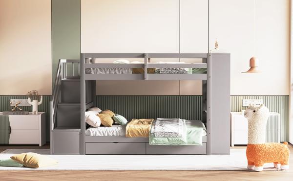 Merax Etagenbett Kinderbett 90x200cm mit 2 Schubladen, Seitschrank, Stauraumtreppe, grau Bild 6