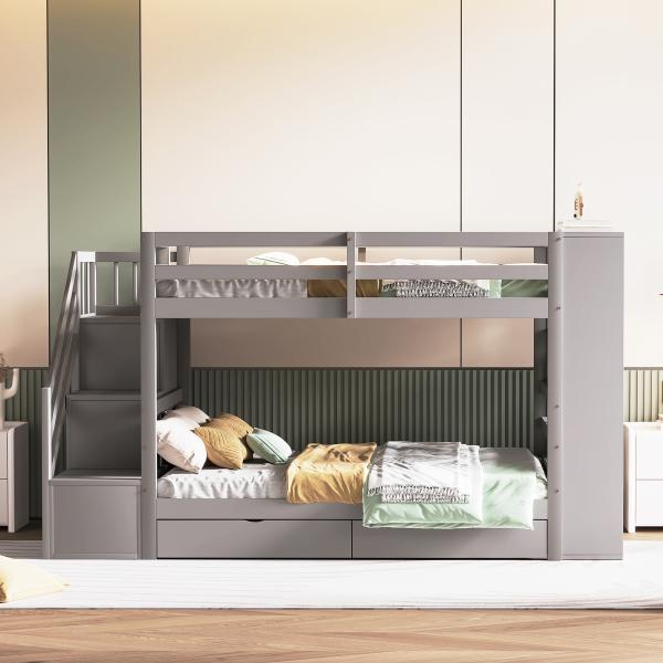 Merax Etagenbett Kinderbett 90x200cm mit 2 Schubladen, Seitschrank, Stauraumtreppe, grau Bild 3