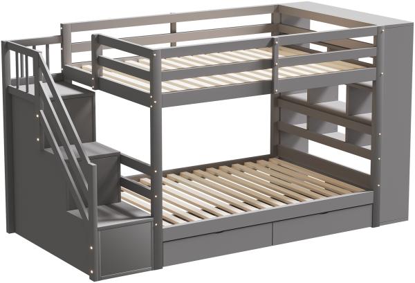 Merax Etagenbett Kinderbett 90x200cm mit 2 Schubladen, Seitschrank, Stauraumtreppe, grau Bild 8