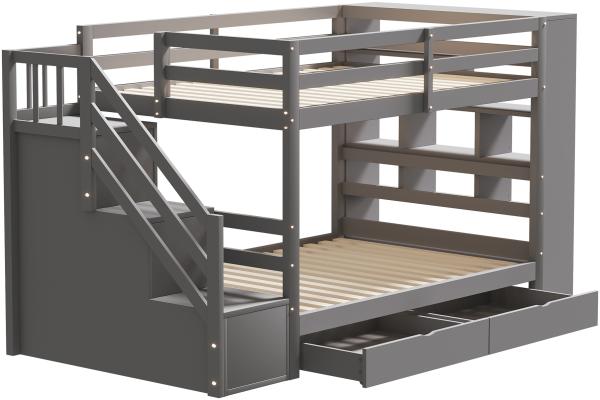 Merax Etagenbett Kinderbett 90x200cm mit 2 Schubladen, Seitschrank, Stauraumtreppe, grau Bild 7