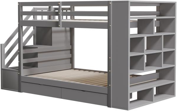 Merax Etagenbett Kinderbett 90x200cm mit 2 Schubladen, Seitschrank, Stauraumtreppe, grau Bild 10