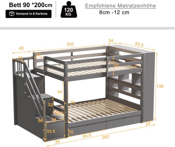 Merax Etagenbett Kinderbett 90x200cm mit 2 Schubladen, Seitschrank, Stauraumtreppe, grau Bild 4