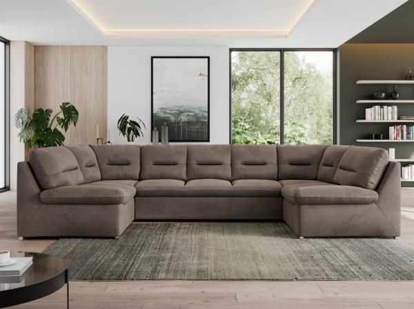 U-förmige Ecksofa, Bigsofa mit schlaffunktion, Wohnlandschaft XXL - MORBIDO U - Braun Velours - Topper T25