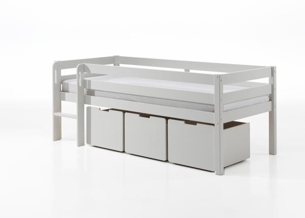 Kojen-Spielbett mit Liegefläche 90 x 200 cm, inkl. Leiter, Rolllattenrost und 3 Schubkästen, Kiefer und MDF weiß lackiert