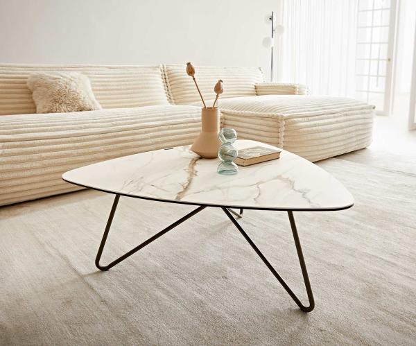 Couchtisch Ekrem 88x85 cm Keramik Calacatta Luxe Weiß-Gold-Grau Hairpin rund Metall Effektfinish Titan