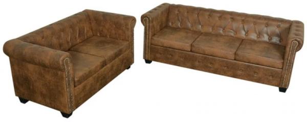 Chesterfield Sofa-Set 2-Sitzer und 3-Sitzer Kunstleder Braun