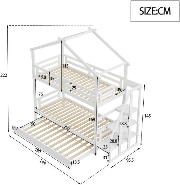 Merax Kinderbett 90*200 cm, Massivholz-Etagenbett mit Stauraum und Sicherheitsleiter, mit Rollcontainer, mit Lattenrost, Weiß Bild 4