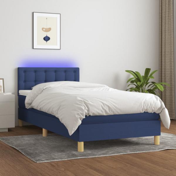 Polsterbett mit Matratze & LED Stoff Blau 90 x 200 cm