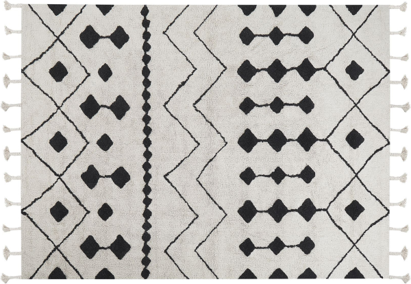 Teppich Baumwolle weiß schwarz 160 x 230 cm geometrisches Muster Kurzflor KHEMISSET