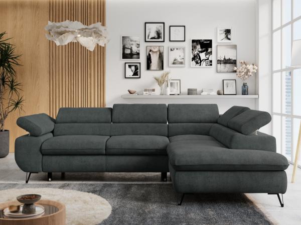 Ecksofa mit Bettfunktion, Modern Sofa, L-form, Einstellbare Kopfstützen, Bettkasten - PETER - Dunkelgrau Stoff - rechts