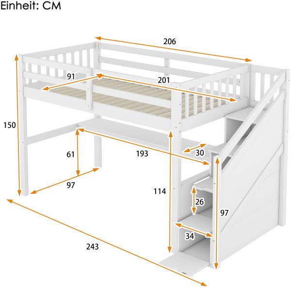 Merax 90 x 200 Kinderhochbett mit Stauraumschubladen und Unterbettschreibtisch, Weiß Bild 4