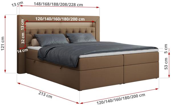 Boxspringbett - Doppelbett mit Multipocket-Matratze und LED - GOLD-6 - 120x200cm - Braun Kunstleder - H4 Bild 5