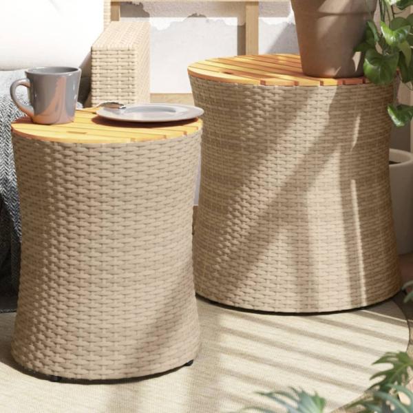 vidaXL Garten-Beistelltische 2 Stk. mit Holzplatte Beige Poly Rattan