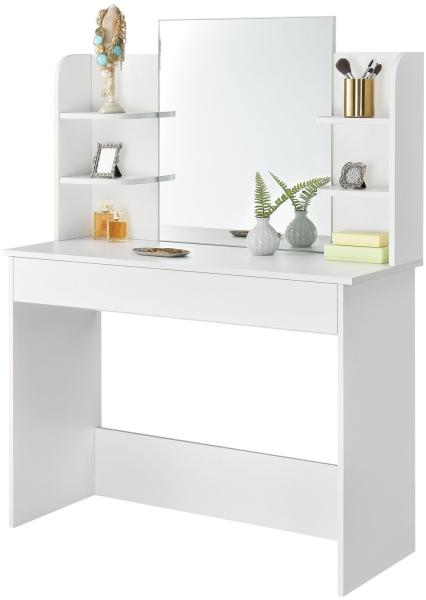Schminktisch Bella – Kosmetiktisch 108 x 40 x 140 cm in Weiß – Frisiertisch aus Holz mit großem Spiegel, großer Schublade & 4 Ablagefächer