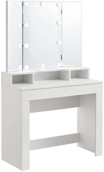 Juskys Schminktisch Marla – Kosmetiktisch 90 x 42 x 157 cm weiß – Frisiertisch mit Spiegel 3-tlg. & klappbar, Schublade, Ablagefächer, LED-Beleuchtung