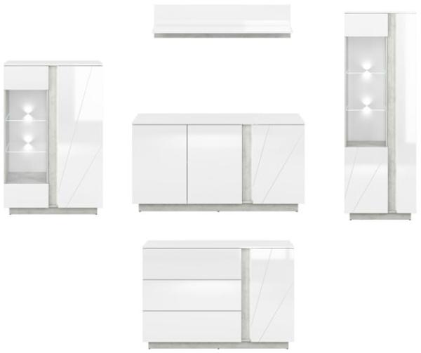 Wohnzimmer-Set "Lumens" Wohnwand 5-teilig beton lichtgrau MDF weiß Hochglanz