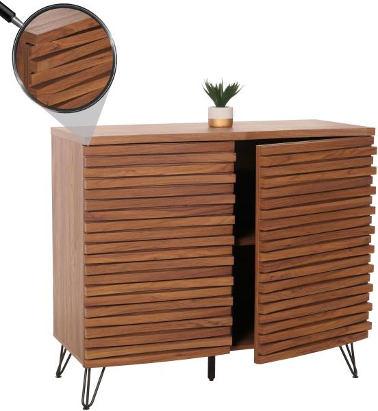 Kommode HWC-M49, Schrank Sideboard Highboard, 3D-Design Staufächer, Massiv-Holz Mango Metall 85x95x45cm ~ Walnuss-Optik