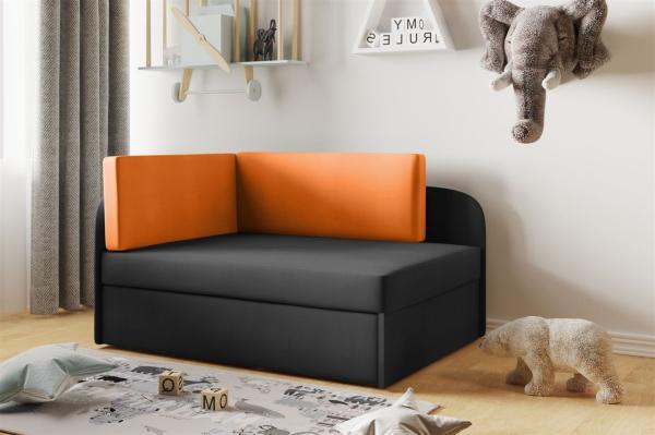 Sofa Kindersofa Schlafsofa inkl. Bettkasten MAILO Seite Rechts Stoff Schwarz-Orange