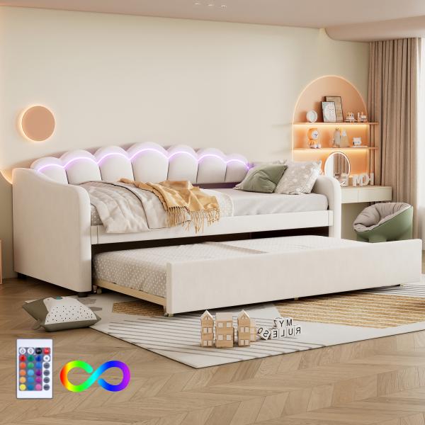 Merax Daybett, LED Tagesbett Schlafsofa Kinderbett 90x200cm mit Ausziehbett 90x190cm, Beige