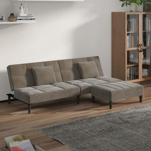 vidaXL Schlafsofa 2-Sitzer mit 2 Kissen & Hocker Hellgrau Samt