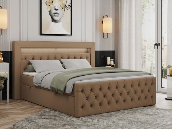 Boxspringbett, Stauraumbett mit Bettkasten, LED - GOLD-9 - 120x200cm - Braun Kunstleder - H4