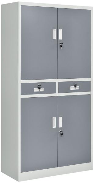 Juskys Aktenschrank Office 180 x 90 cm – Metallschrank abschließbar mit 4 Türen, 2 Schubladen & Zylinder-Schloss – Büroschrank in Weiß & Grau