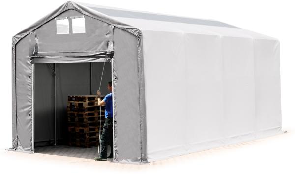 Zelthalle 4x8m Lagerzelt Industriezelt 3m Seitenhöhe PVC Plane 850 N mit Oberlicht grau 100% wasserdicht mit Hochziehtor