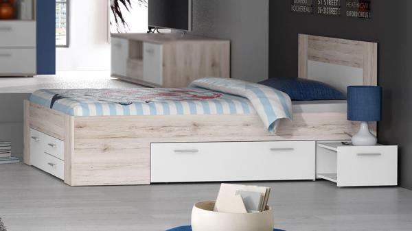 Jugendbett STEFAN Bettanlage mit Nachttisch 140x200 cm Sandeiche und weiß