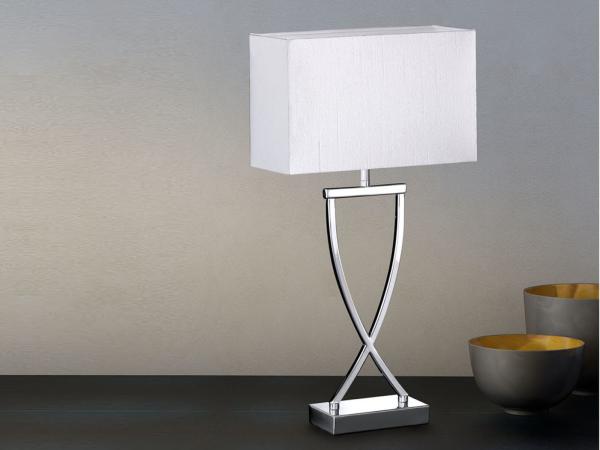 Große LED Tischleuchte Chrom mit Stoffschirm Weiß eckig - Höhe 51cm