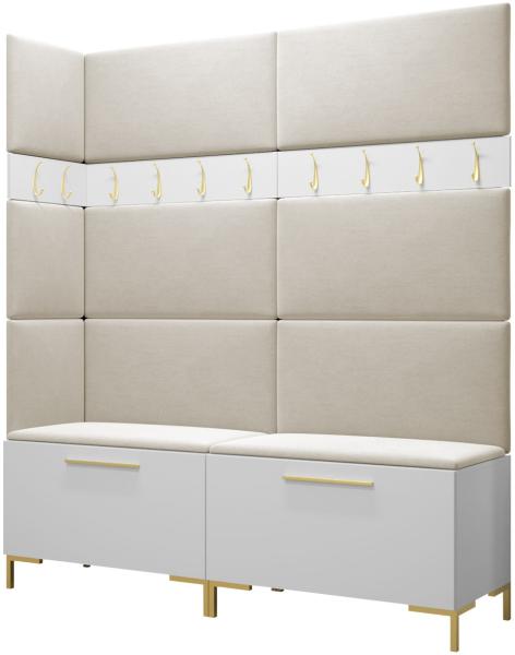 Garderoben-Set Zinetto V mit 8 Stück Gepolstertes Wandpaneel Pag 84x42 und 3 Stück 42x42 (Weiß + Gold, Manila 02)