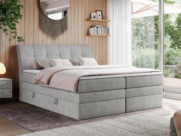 Boxspringbett Stauraumbett mit LED Kopfteil - GOLD-10-KING - 160x200cm - Hellgrau Stoff - H3