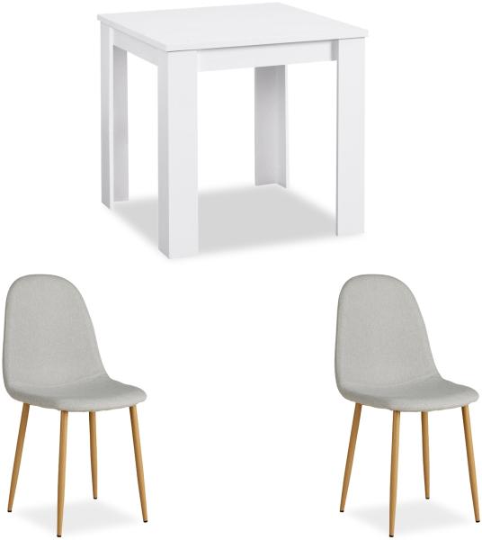 Essgruppe mit 2 Stühlen Esstisch Weiß 80x80 cm Esszimmertisch Holz Massiv Polsterstühle Grau