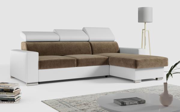 Ecksofa, Verstellbare Kopfstützen, L Couch, Polstersofa mit Bettkasten - FOX-L - Braun - Weiß