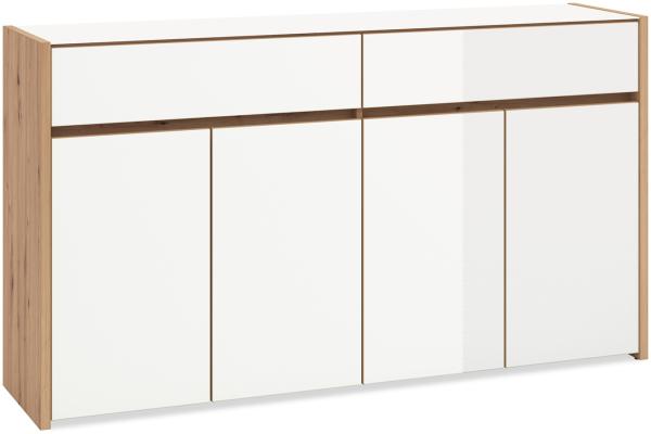 Homestyle4u Sideboard mit 2 Schubladen, Holz natur / weiß hochglanz, 165 x 91,5 x 40 cm