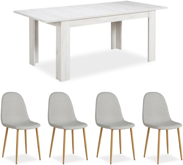 Homestyle4u Essgruppe mit 4 Stühlen, Holz Weiß Vintage / Polsterstühle Grau