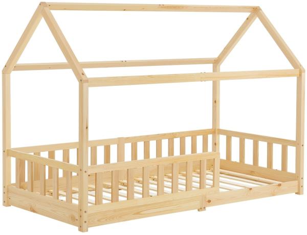 Juskys Kinderbett Marli 90 x 200 cm mit Rausfallschutz, Lattenrost und Dach - Massivholz Hausbett für Kinder - Bett in Natur