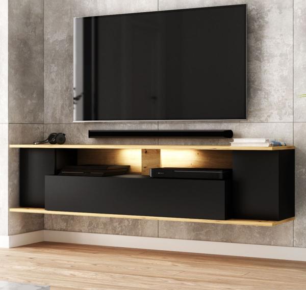 TV-Lowboard Ronja in schwarz und Eiche mit Beleuchtung 160 cm