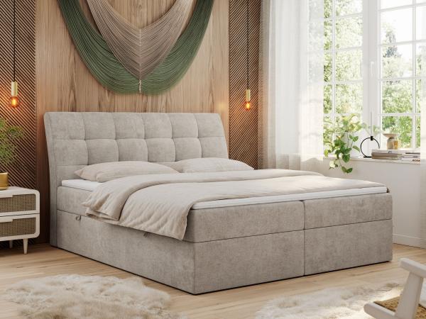 Boxspringbett Polsterbett mit Multipocket-Matratze und Topper - DIEGOS - 140x200cm - Beige Stoff - H4