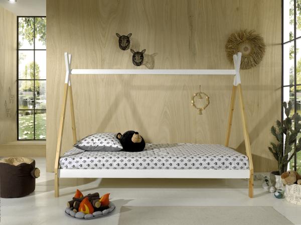 Tipi Zelt Bett Liegefläche 90 x 200 cm, inkl. Rolllattenrost, Ausf. Kiefer massiv natur/weiß
