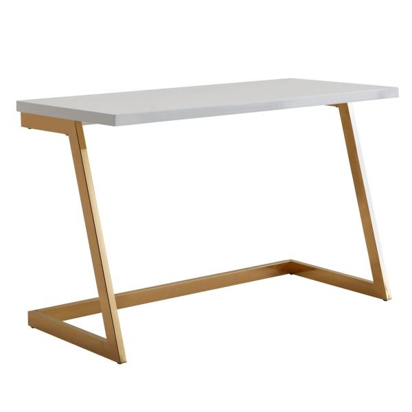 Schreibtisch 120x55x76 cm Hochglanz Weiß / Gold PC-Tisch mit Metallbeine