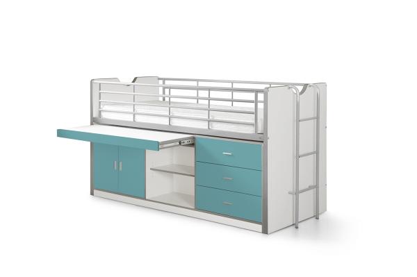 Vipack 'Bonny' Multifunktionsbett, weiß/türkis, 90x200 cm, mit Schubladen und Schreibtisch