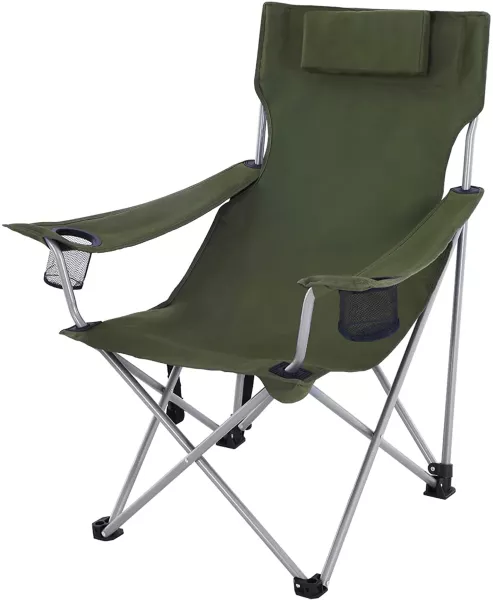 Campingstuhl, Klappstuhl, Outdoor-Stuhl mit Armlehnen, Kopfstütze und Getränkehaltern, stabiles Gestell, bis 150 kg belastbar, Grün GCB09AG