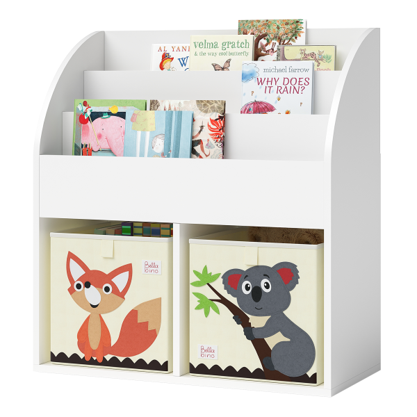 Bellabino 'Koro' Kinderregal, weiß, mit 3 Fächern für Bücher und 2 Fächern für Boxen, inkl. 2 Faltboxen (Fuchs/Koala)