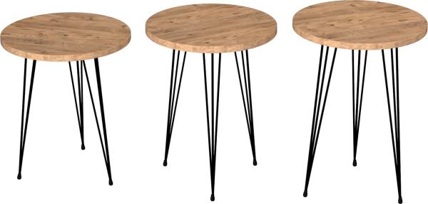 [en. casa] Beistelltisch-Set Ry Satztisch 3er Set Holzfarben Schwarz Abstelltisch mit runder Tischplatte Hairpinlegs aus Metall Wohnzimmertisch